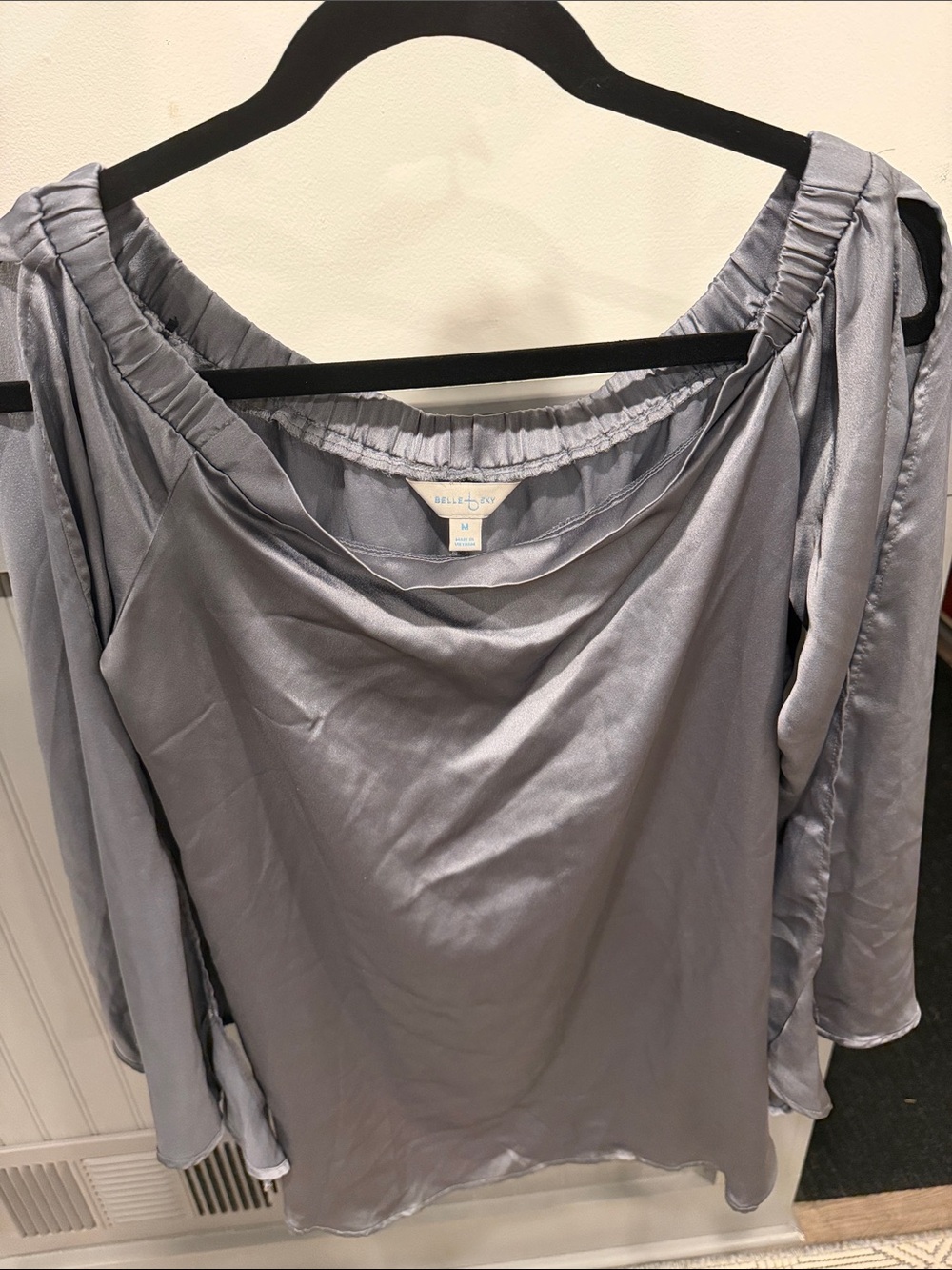 belle sky Silver Satin Off-Shoulder Blouse